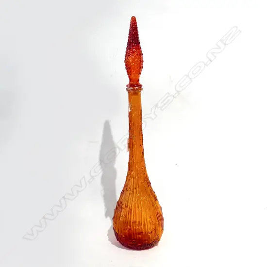ORANGE GLASS GENIE BOTTLE WITH STOPPER (CHIP TO TOP RIM OF STOPPER) H. 550MM