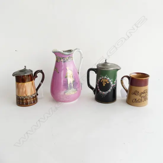 FOUR  JUGS. ONE PINK WEDGWOOD? H. 185mm ( FAULTED)  TWO PEWTER LIDDED H. 130mm & H. 110mm & DOULTON LAMBETH  H. 100mm
