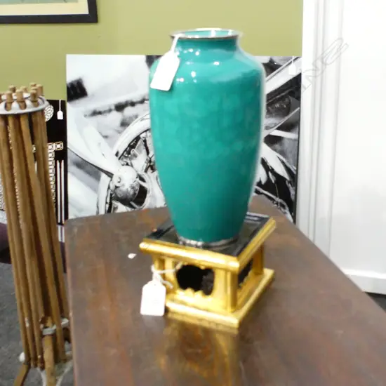 TAISHO PERIOD ANDO BALUSTER  GREEN ENAMEL VASE C1925. . H. 214mm