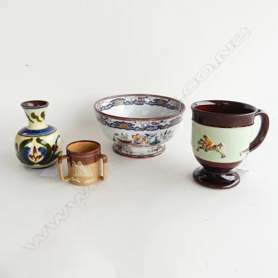 FOUR ITEMS. MINTONS BOWL  FRACTURED Dia 195mm . DOULTON LAMBETH TRIG H.60mm. DENBY ' CUP ' H.130mm. TORQUAY VASE H.122mm
