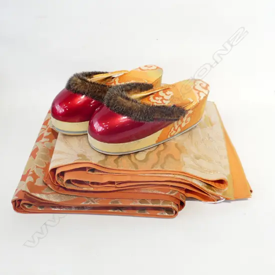 TWO VINTAGE JAPANESE SILK OBIS (L. 3980mm) & SILK & FUR SHOES