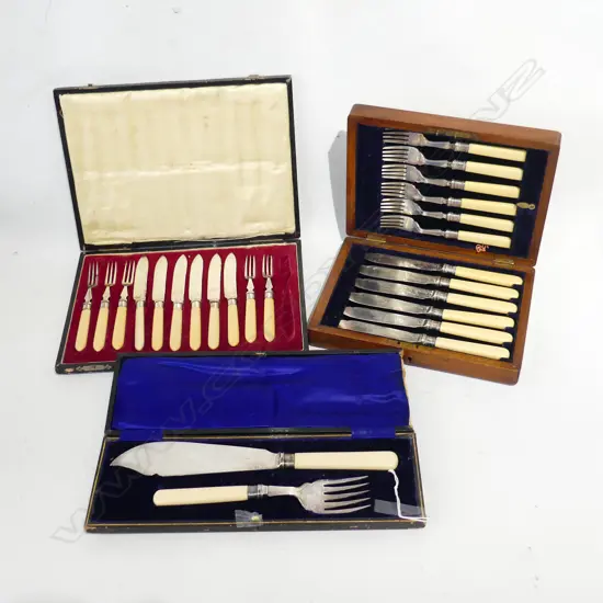 3 VINTAGE BOXED SETS CUTLERY; FISH SERVING SET, WOODEN BOX 12 PC FISH SET,+ 11 PC FRUIT SET (1 FORK MISSING)