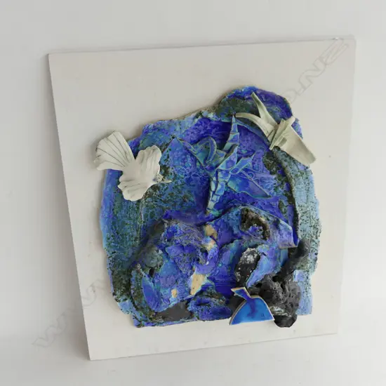 STUDIO POTTERY ABSTRACT BLUE WALL PLAQUE 380x330mm