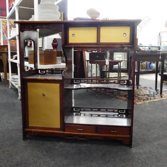 DISPLAY CABINET. ROSEWOOD. 3 SHELVES TWO CUPBOARDS & TWO DRAWERS. W.900 D.315 H. 900mm