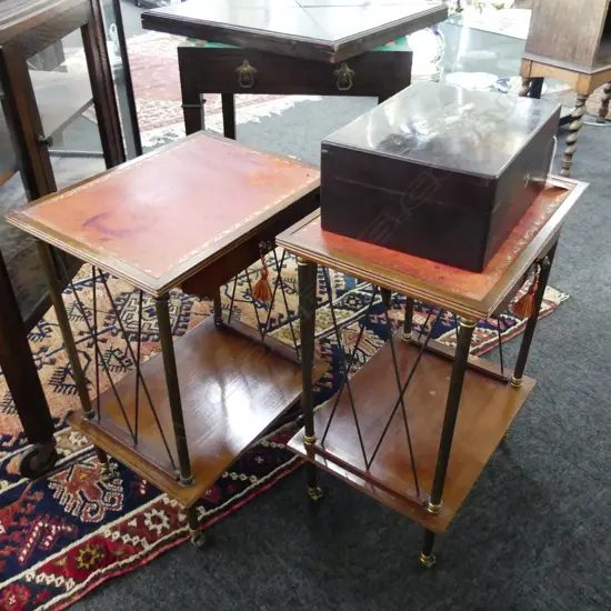 PR REGENCY STYLE SIDE TABLES; RED LEATHER TOP 400x300x570mm