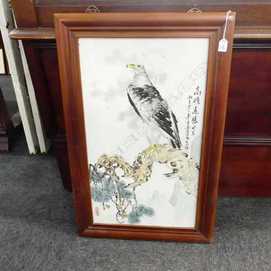 LG FRAMED ORIENTAL CERAMIC PLAQUE; BIRD OF PREY / EAGLE 700x400mm