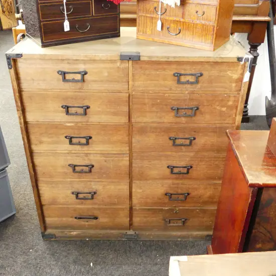 JAPANESE EARLY MEIJI PERIOD 12 DRAWER CHEST . WITH METAL CORNICE CLADDING . W.845 D.420 H 510mm.