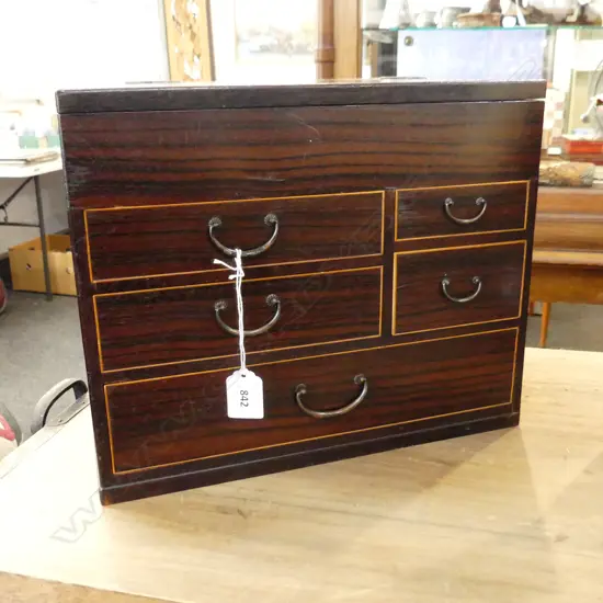 PREMIUM BURL MULBERRY EXTERIOR SEWING BOX. WITH CONTRASTING COCKBEADING TO THE DRAEWERS. H263MM