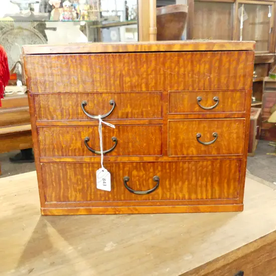 PREMIUM STRIPED MACASSAR EBONY EXTERIOR SEWING BOX . 5 DRAWERS & UPPER LIDDED SECTION. H 266mm