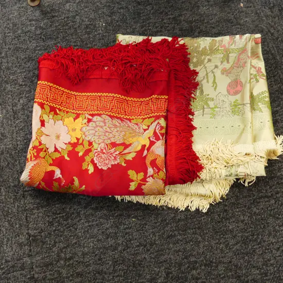 PAIR OF HONG KONG SATIN TABLE COVERS. ONE PREDOMINENTLY RED 975mm SQ. OTHER GREEN 1000mm SQ.