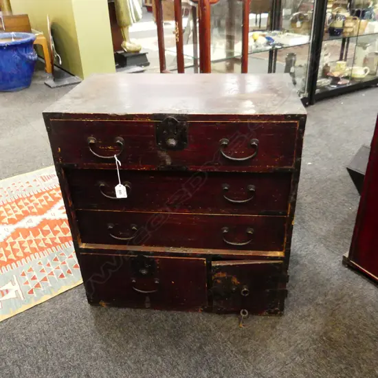 OLD JAPANESE BEDSIDE CABINET. 6 DRAWERS ( TWO BEHIND SMALL DOOR). W. 555 D. 320 H. 600mm