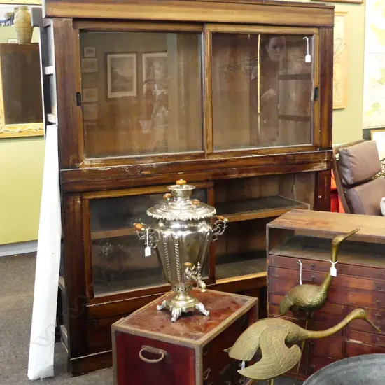 OLD JAPANESE GLASS DOOR 2 SECTION DISPLAY CHEST. TWO SLIDING DOORS OVER LOWER DRAWER. W.1440 D.440 H. 1720mm.