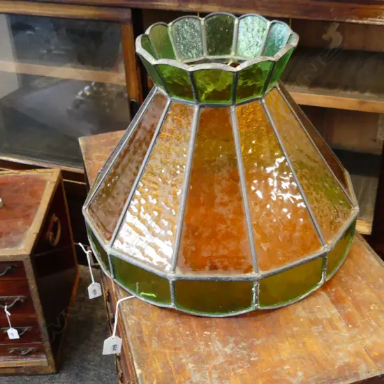 LG VINTAGE GREEN & AMBER PANELLED LEADLIGHT GLASS LIGHT FITTING DIA 390MM