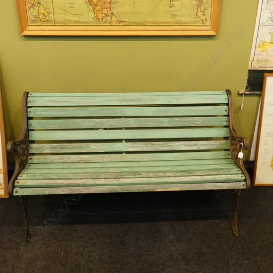 GREEN PAINTED WOODEN GARDEN BENCH w. CAST IRON ENDS W.1270mm