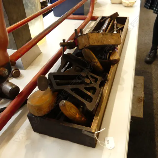 WOODEN TRAY ASST. TOOLS; DRILL BITS ETC