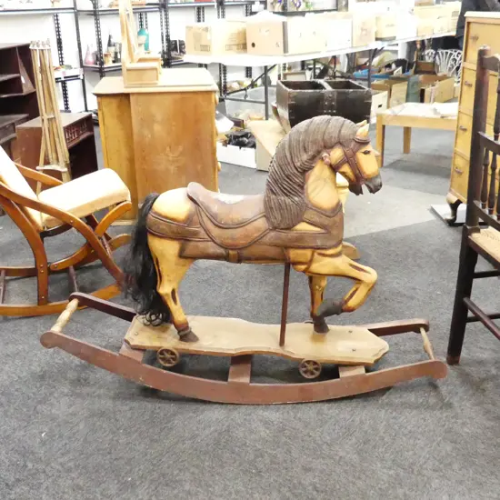   VINTAGE CARVED & PAINTED WOODEN ROCKING HORSE L1200MM H850MM