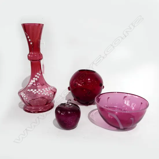 3 RED GLASS VASES; LYNDEN OVER BOWL 140mm dia, VICTORIAN H.270mm (small rim chip), OTHER + APPLE PAPERWEIGHT