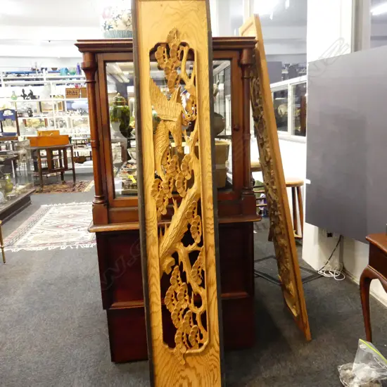 WOOD CARVING. RETICULATED PANEL DEPICTS HAWK ON A BRANCH. L. 1850 W. 385mm.