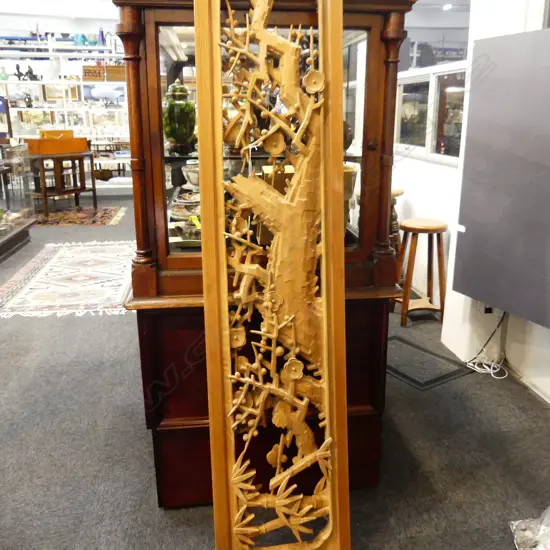 WOOD CARVING. RETICULATED. DEPICTS TREES & FOLIAGE. L. 1770mm W. 385mm