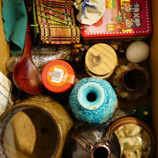 BOX ASST. TRINKETS, POTTERY, TINS, TREEN ETC
