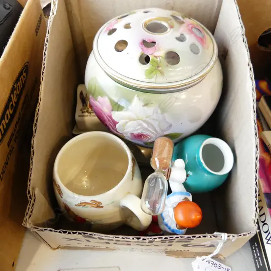 SM BOX ASST COLLECTABLES INCL BUNNYKINS MUG, SOUVENIR WARE ETC..