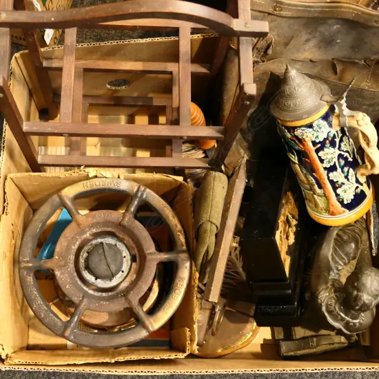 BOX LOT CAMP STOVE, LEATHER APRON, SPELTER FIGURE, MILITARY HAT ETC