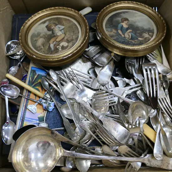 ASST. EP CUTLERY, JEWELLERY CASES, PR ROUND 19thC PRINTS 145mm dia