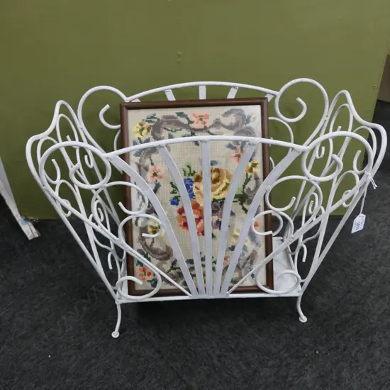 WHITE PAINTED WIRE MAGAZINE RACK + FRAMED FLORAL EMBROIDERY