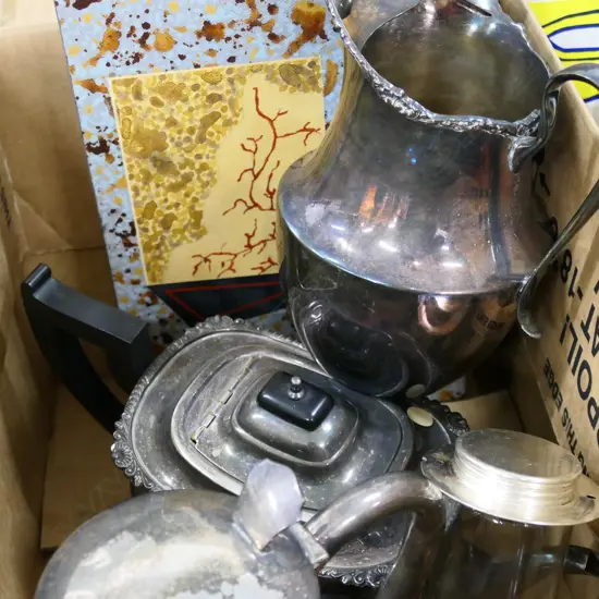 BOX LOT ASST SILVER PLATE, JUG, TEAPOT ETC.. & SM ART CANVAS