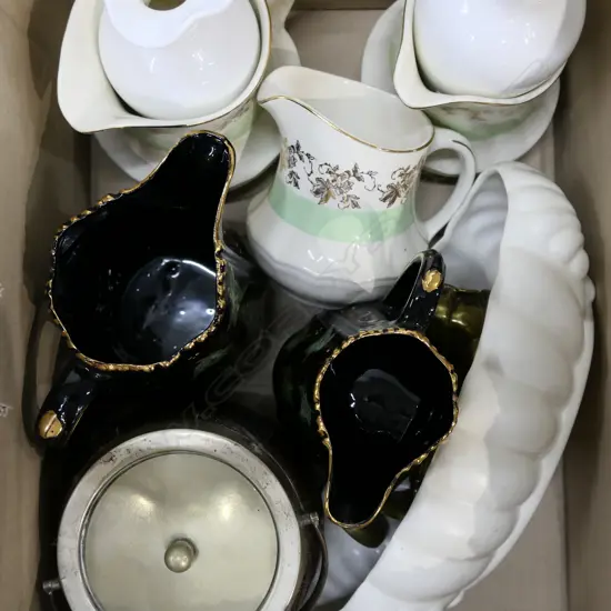 BOX LOT ASST. JUGS, PR WHITE GLASS VASES, WHITE BESWICK BOWL ETC