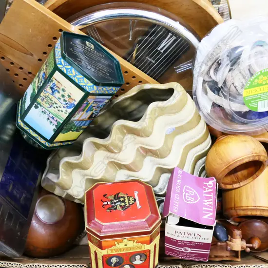 BOX LOT ASST. TREEN; LIDDED CONTAINERS, SNAKE, PLATES, TINS ETC