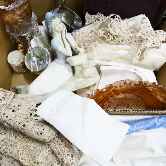 BOX LOT LINEN NAPKINS, MIQUEL REQUENA 'NURIA' FIGURINE (SPAIN) SMALL LOSS BOW BEHIND HEAD