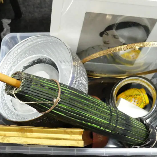 BOX LOT PRINTS, SILVER BOWLS, UMBRELLA ETC