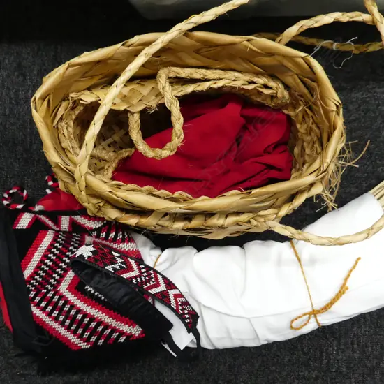 2 WOVEN FLAX KETE BASKETS + NEEDLEWORK MAORI COSTUME, PIUPIU SKIRT