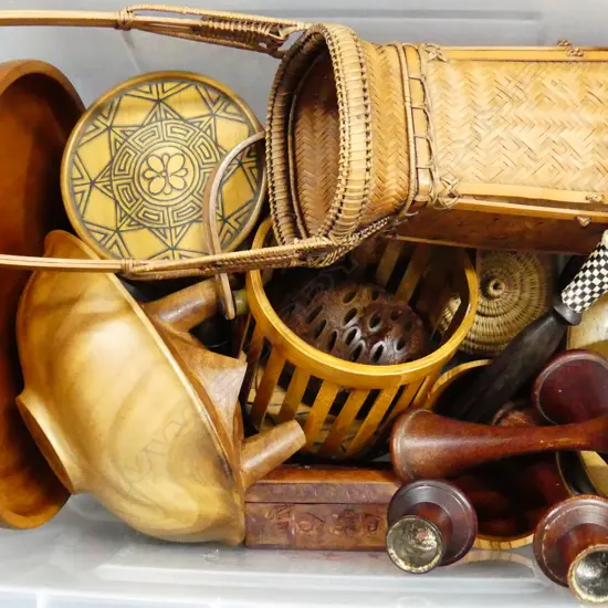 CRATE OF TREEN; BOWLS, LIDDED BOXES ETC. + BASKETS INCL JAPANESE. IKEBANA BASKET
