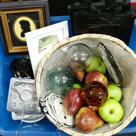 BOX LOT FAUX FRUIT, 2 CERAMIC FACES, LANTERNS, FRAMES ETC