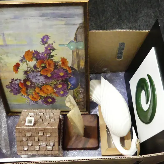 BOX LOT 2 PRINTS TILE KORO PIC  COTTAGE INCENSE BURNER  MOUNTED BONE  BIRD ORN ETC
