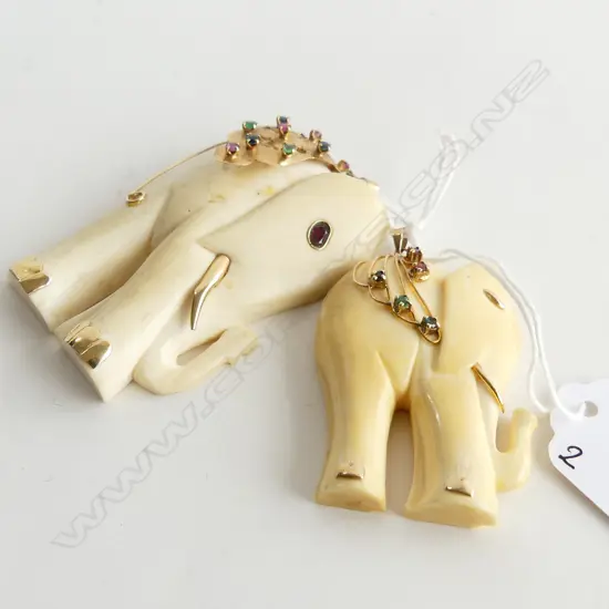 2 IVORY & 14K GOLD ELEPHANT PENDANTS WITH COLOURED STONES