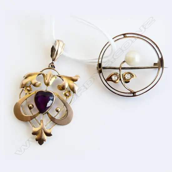 EDWARDIAN SEED PEARL & WHITE STONE BROOCH + 9CT RED STONE PENDANT 5.0 GRAMS