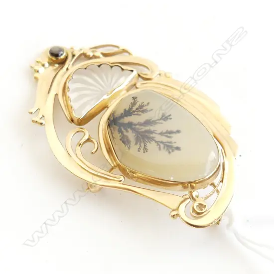 14CT DESIGNER MOSS AGATE BROOCH/PENDANT