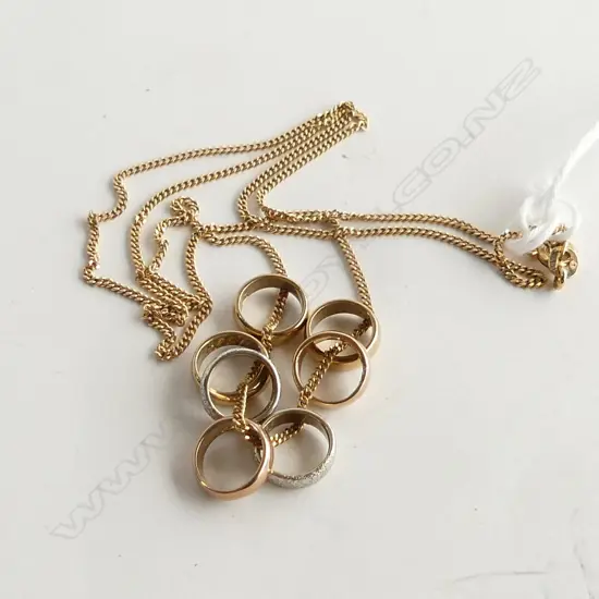 9CT GOLD NECKLACE WITH 7 COLOURED GOLD HOOPS 5.3GMS