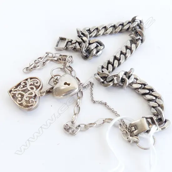 2 SILVER BRACELETS: FLAT CURB LINK + FINE BELCHER W 2 HEARTS