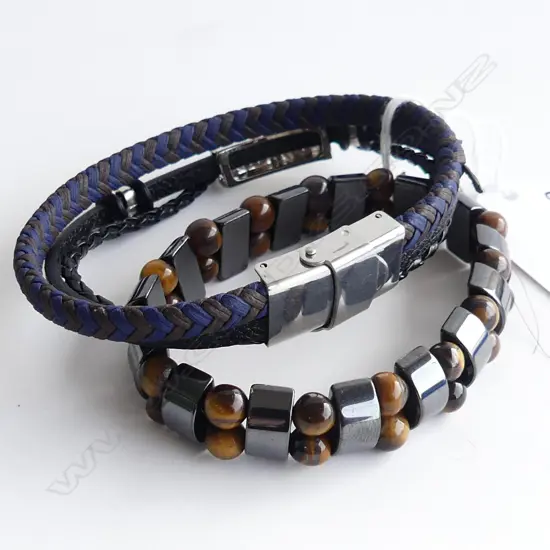 TWO MENS BRACELETS; 1 HEMETITE & TIGERS EYE & ONE LEATHER & STAINLESS STEEL