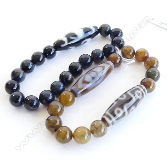 TWO POLISHED STONE AND GLASS TRADE BEAD TYPE BRACELETS
