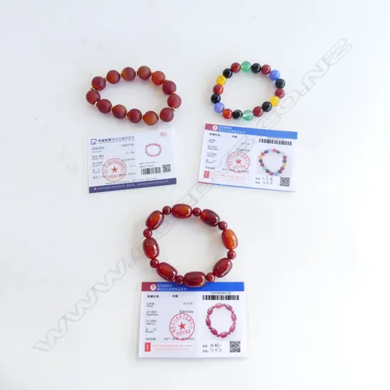 3 ORIENTAL BEADED BRACELETS w. CERTIFICATES