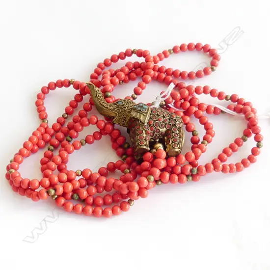 VINTAGE TRIPLE STRAND MEDITERRANEAN CORAL NECKLACE W gem set ELEPHANT.