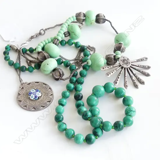 3 NECKLACES: MALACHITE + SILVER & MILLIFIORI GLASS + TURQUOISE?