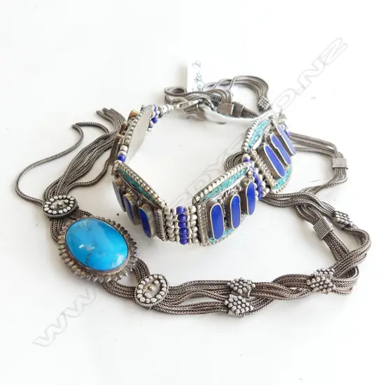 SILVER TURQUOISE & LAPIS LAZULI BRACELET & NECKLACE Ex. Jill Mandeno estate