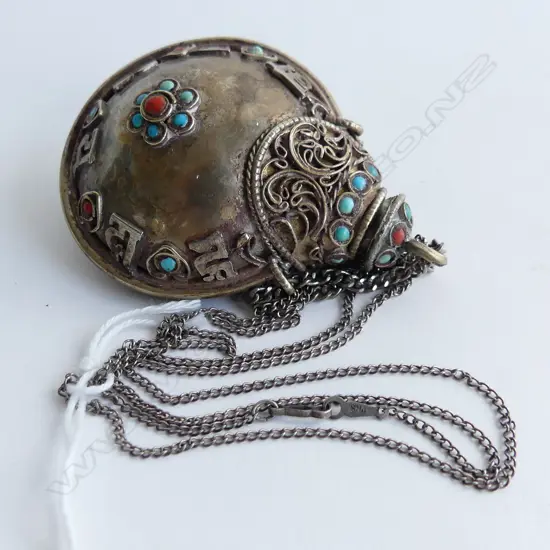 SILVER TRIBAL PERFUME FLASK WITH STONES on chain Ex. Jill Mandeno estate
