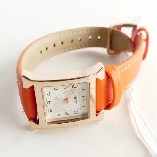 REPLICA LADIES GOLD PLATED WATCH, QUARTZ SWISS MOVEMENT & ORANGE LEATHER STRAP, WORKING